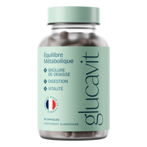 Flacon de Glucavit, un complément naturel pour le soutien du métabolisme et de l'équilibre glycémique quotidien